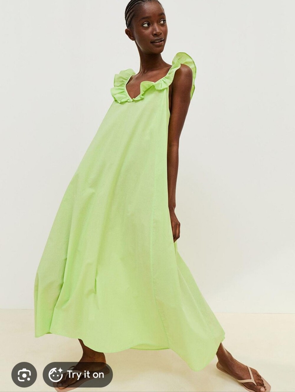 Ruffled Cotton V-Neck Maxi Dress in Lime Green S/M - Picture 1 of 7